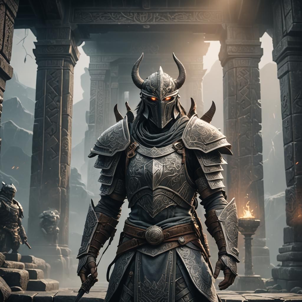 Heroic Dovahkiin in Ancient Temple, 3D Anime Art