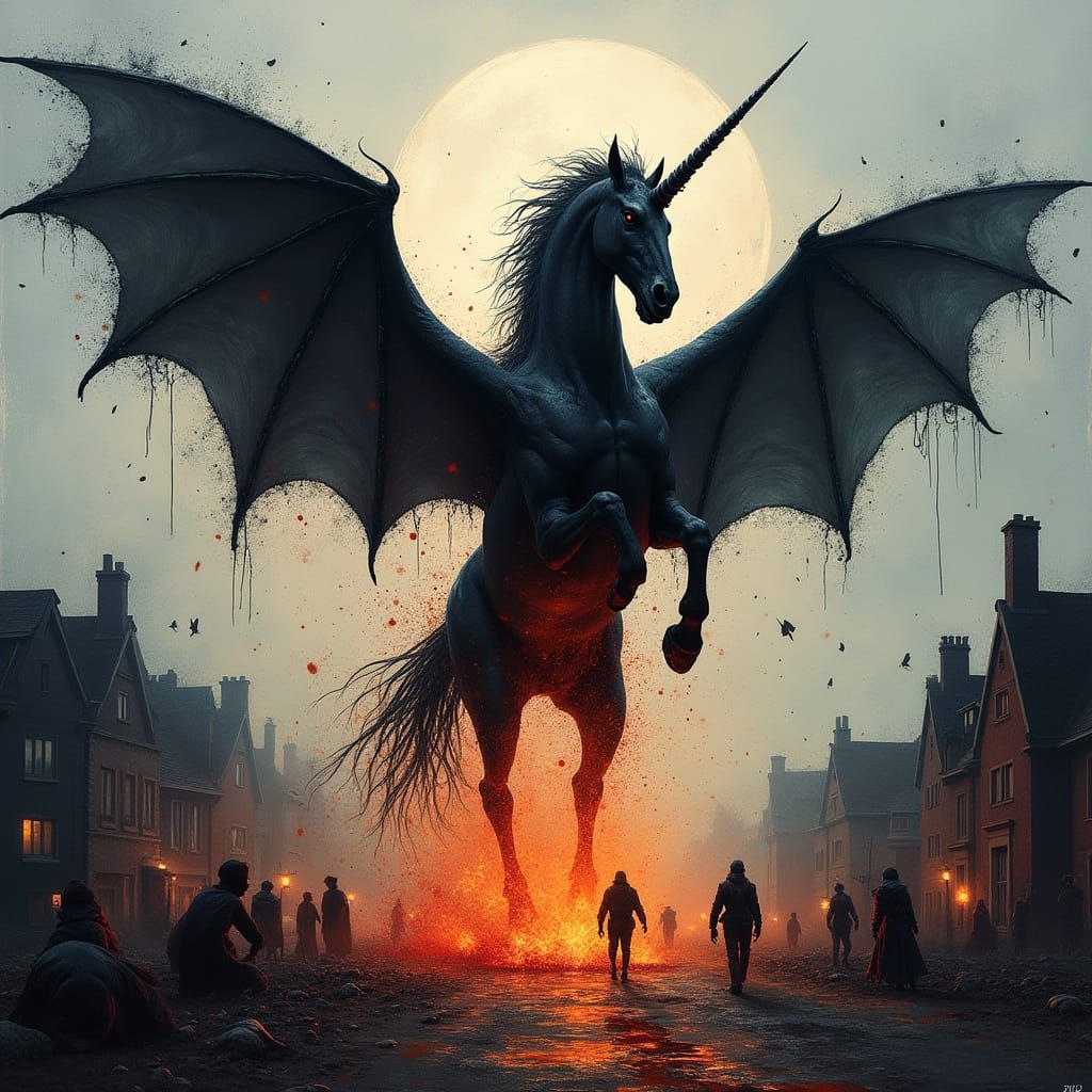 Surreal Splatter Art of Demonic Black Unicorn in Lava Wings ...