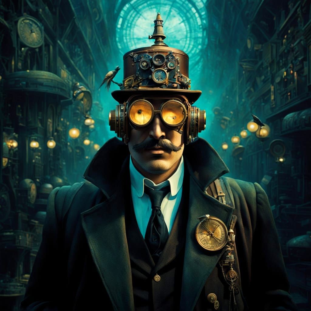 Steampunk Inventor in Cosmic Market Scene, Digital Collage