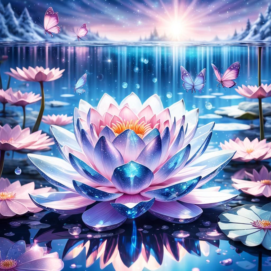 Crystalline Water Lily with Butterflies Digital Art
