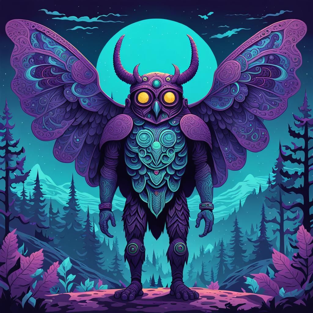 Intricate Psychedelic Mothman in Forestpunk Style
