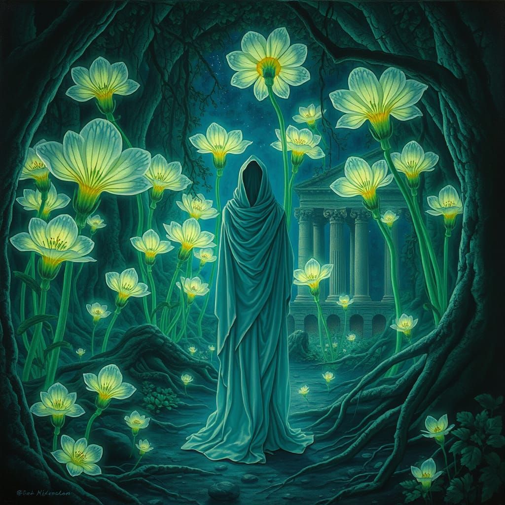 Bioluminescent Grove Illuminates Ancient Ruins