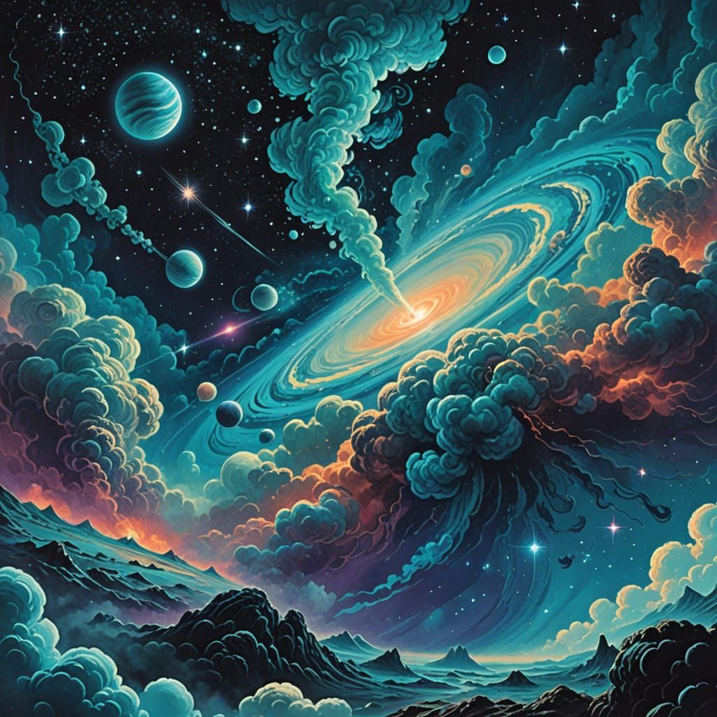 Cosmic Nebula Drifts in Vibrant Cyan Sky