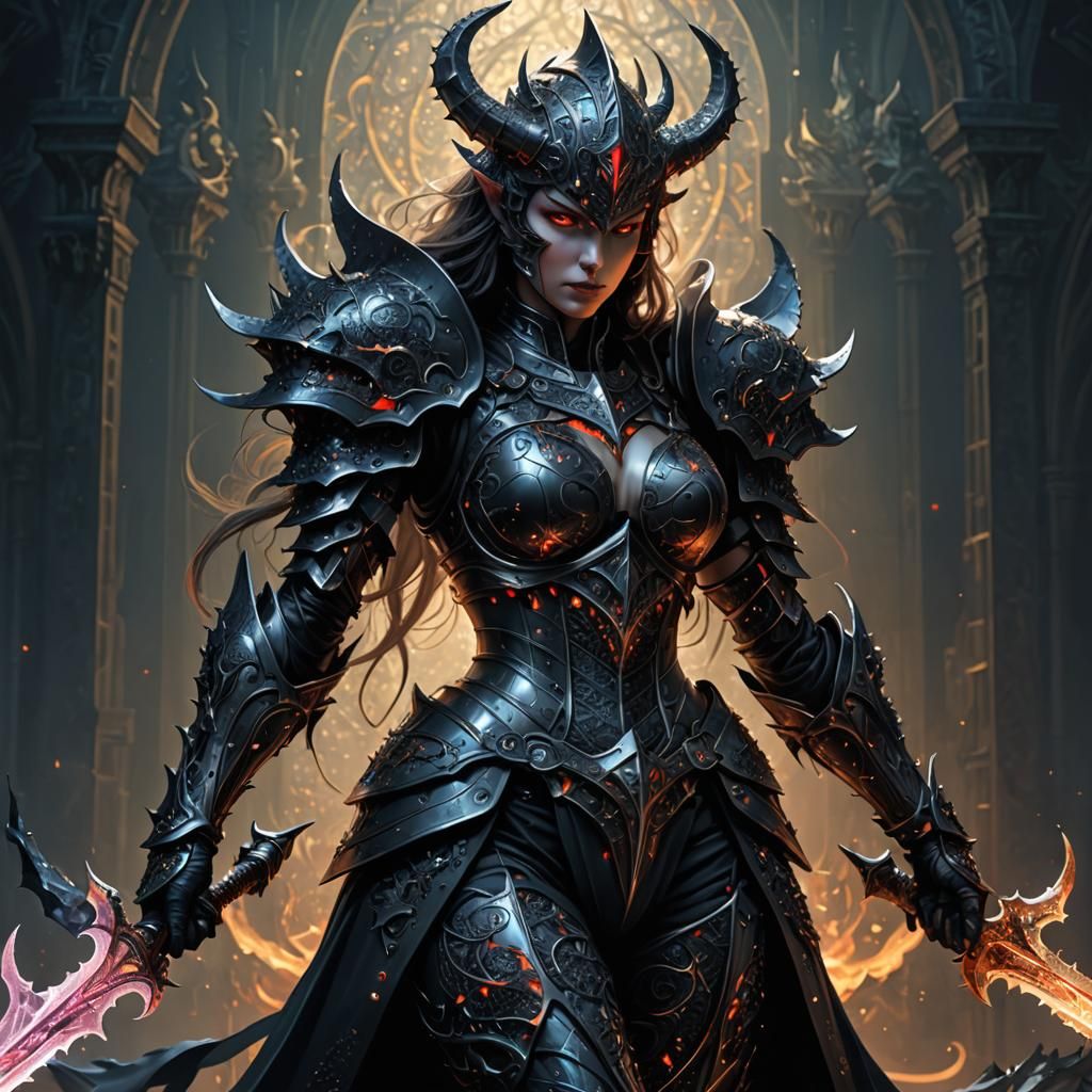 Detailed Female Demon Knight in Surreal Digital Art