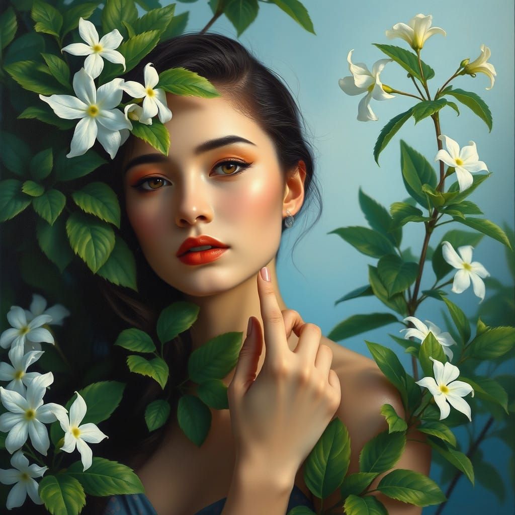 Elegant Woman in Lush Jasmine Garden