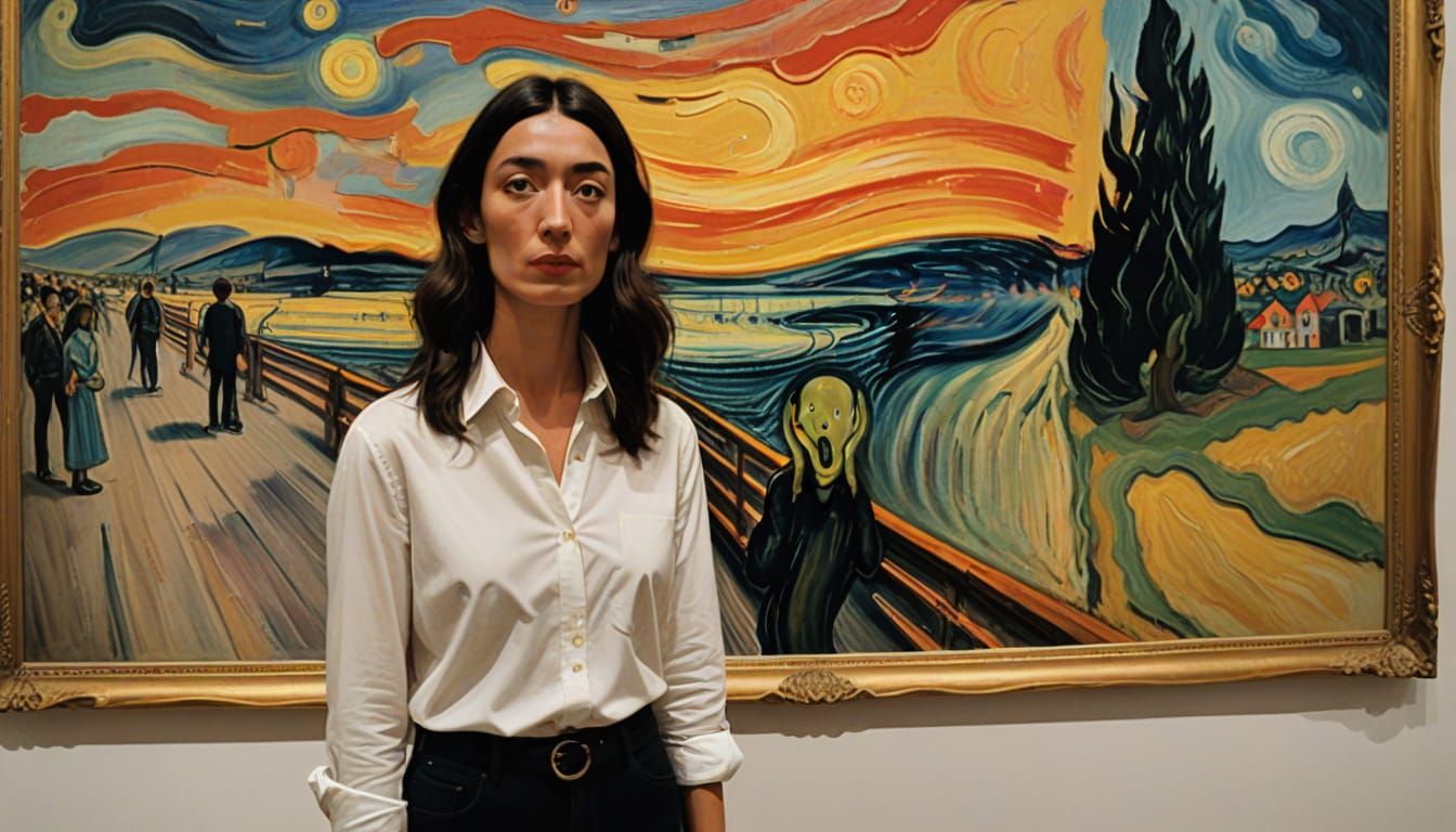 Woman in Front of The Scream Painting in Art Gallery
