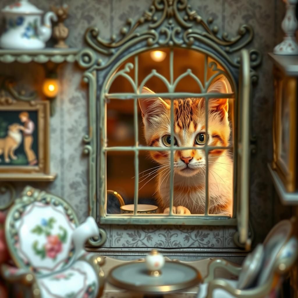 Miniature Dollhouse with Cat, Whimsical Watercolor Style