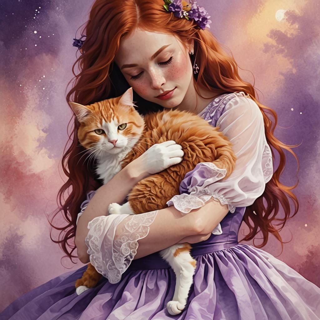 A ginger female cat with a bit of white fur on face and paw. Snuggling into a lady with curly long hair, dyed deep red h...