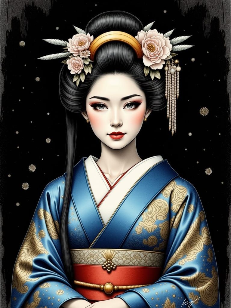 Traditional Japanese Geisha in Majestic Komodo Attire