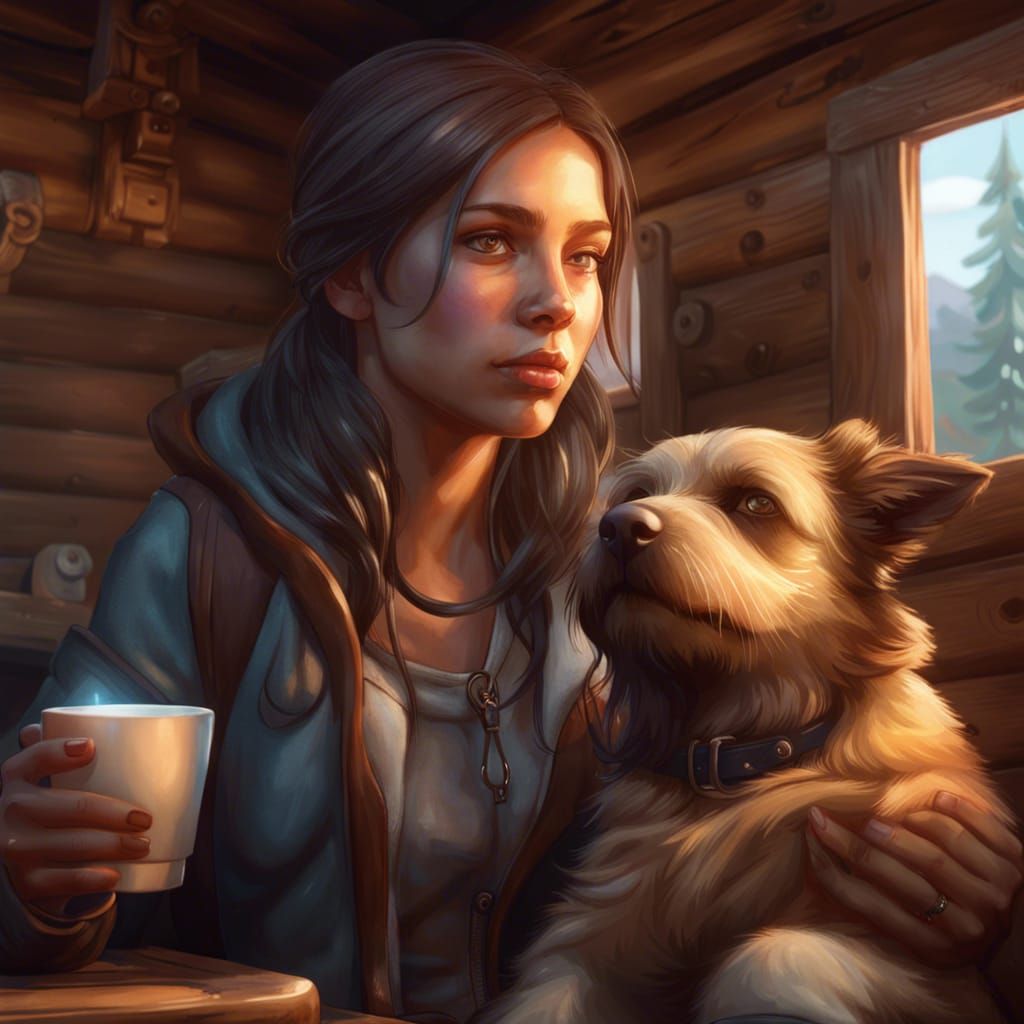 Girl and Dog at Cabin, Art Nouveau Portrait