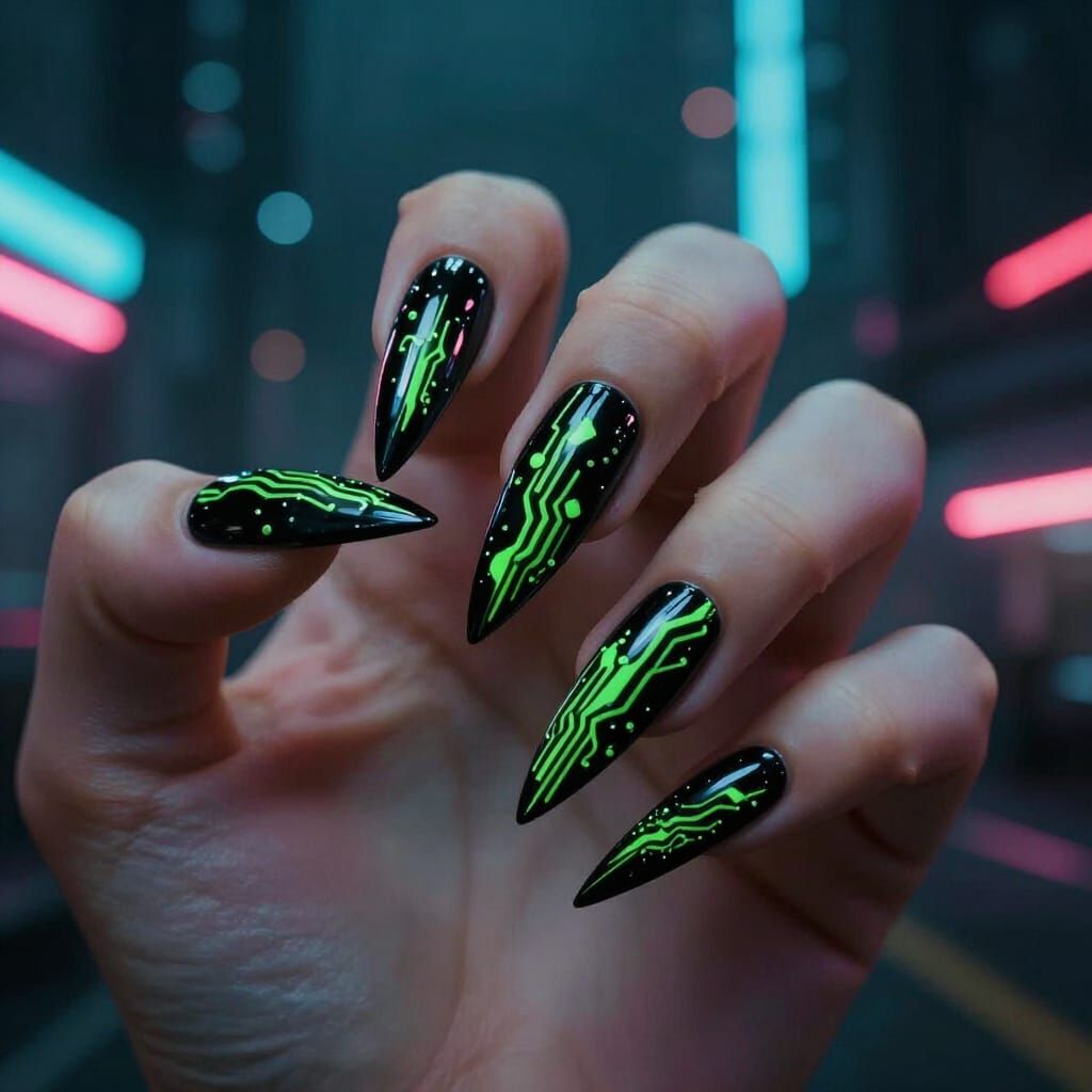 Cyberpunk Stiletto Nails with Neon Circuit Accents