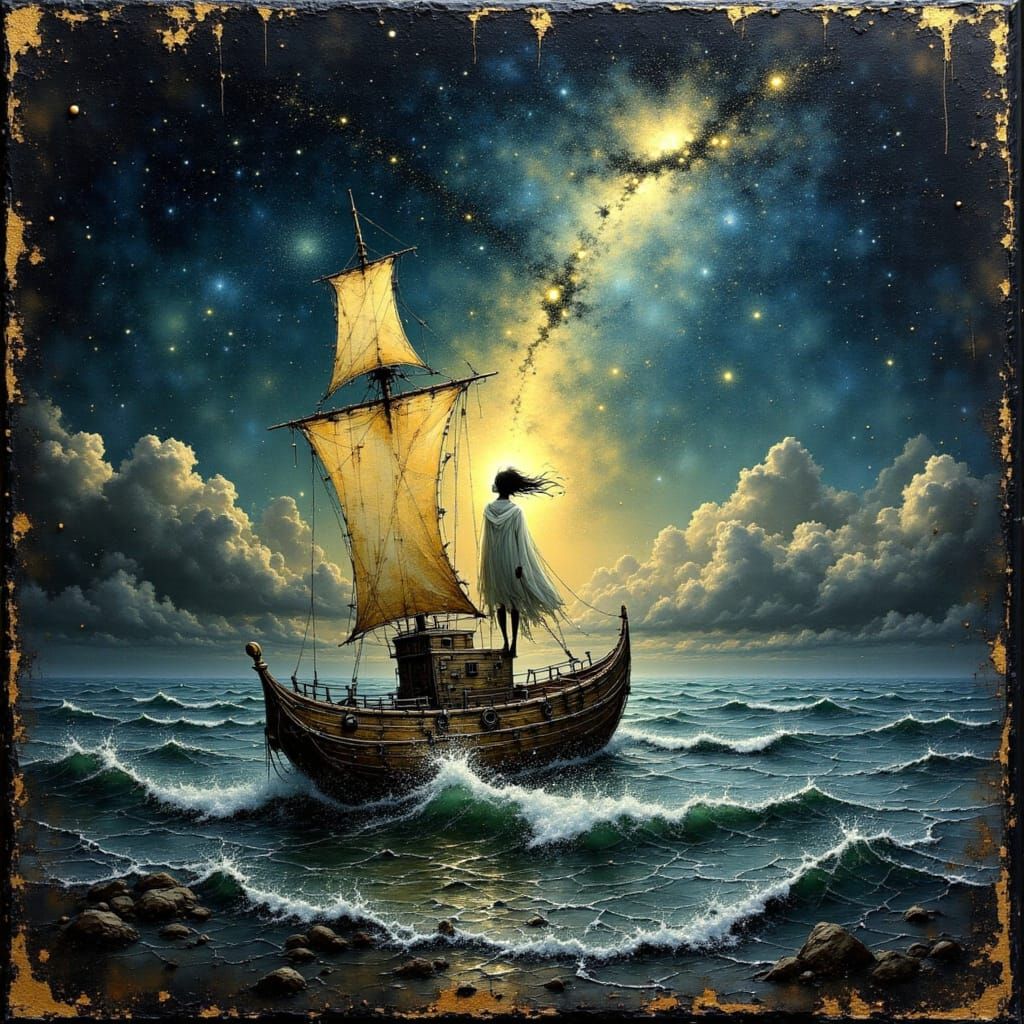 Ghost ship sailing through a glowing, misty ocean under a star-filled night sky.