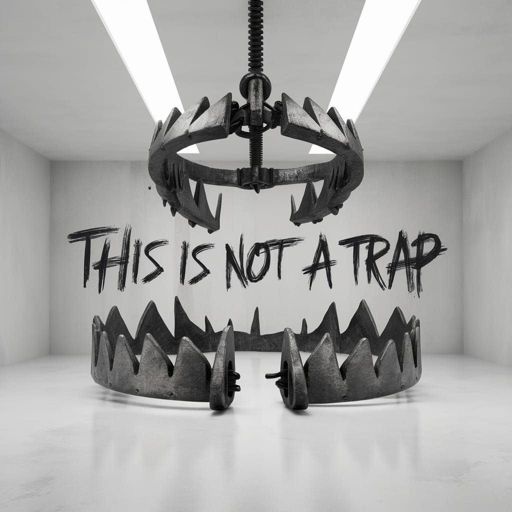 Eerie Steel Bear Trap in White Room