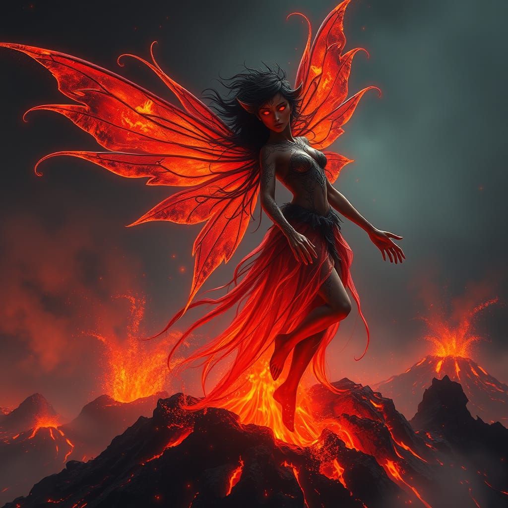 Magma Fairy Rising from Volcano, Digital Matte Painting