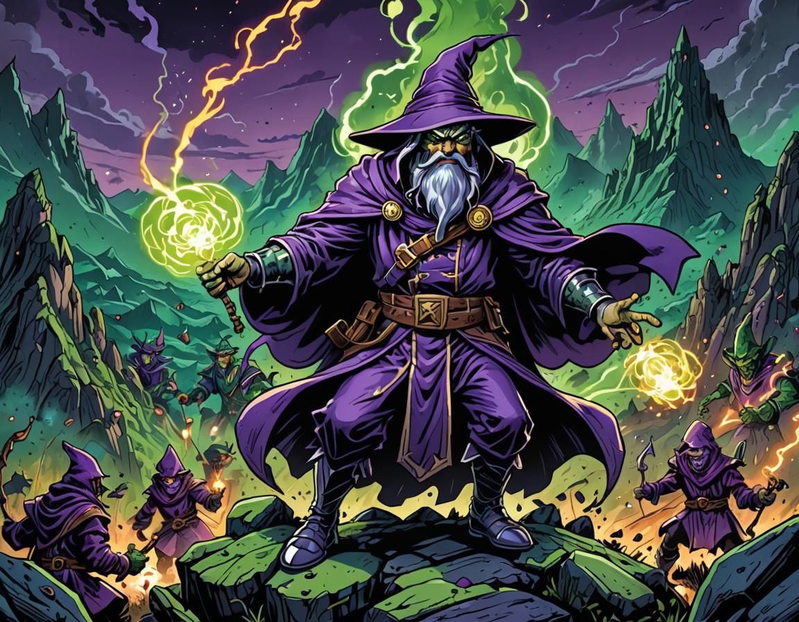 Wizard vs Goblins in Cartoon Comic Book Style