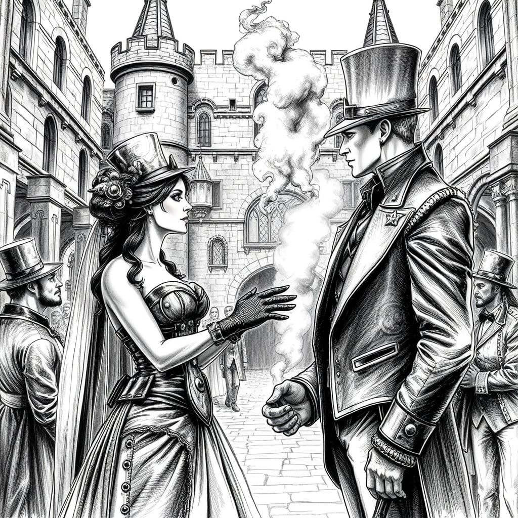 Steampunk Bride Exchanges Vows in Smoke-Shrouded Courtyard o...