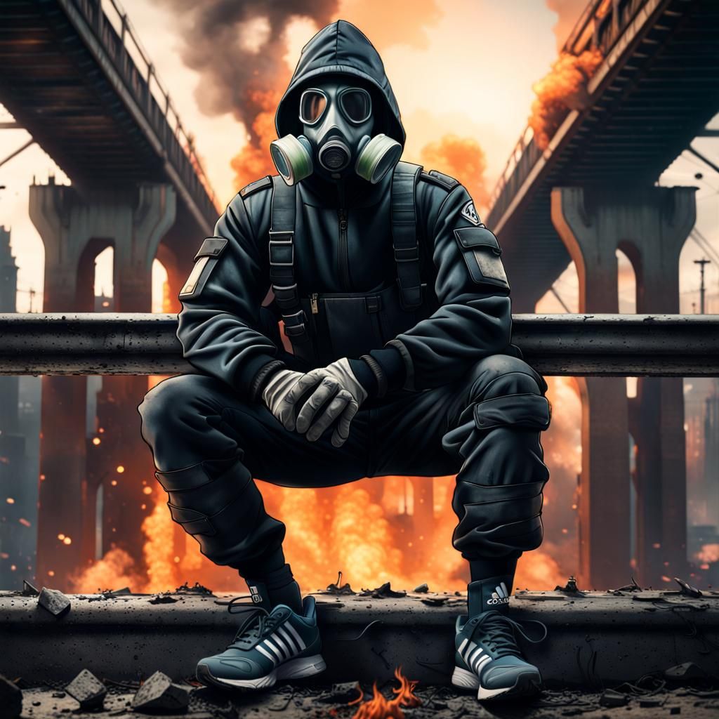 Soldier in Gas Mask Squatting on Decayed Bridge