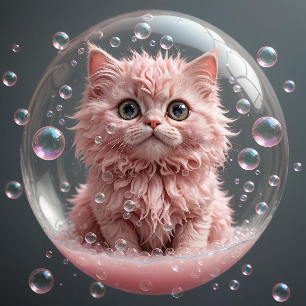 Fluffy Pink Kitty Cat Floating in Soap Bubbles