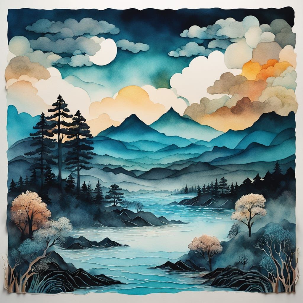 Surreal Watercolor Landscape with Paper Cut Craft and Silhou...