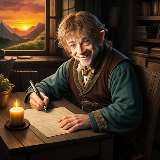 Bilbo Baggins writing "The Hobbit"