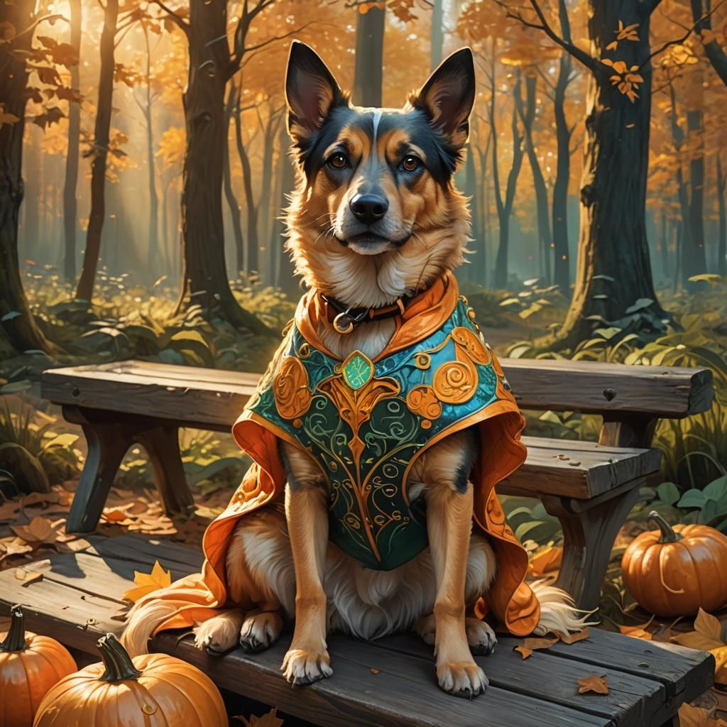 Dog in Pumpkin Costume in Autumnal Forest