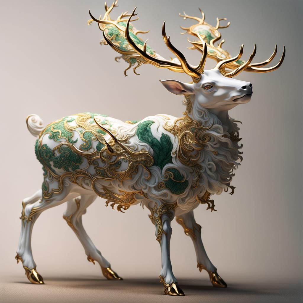 Mechanical Porcelain Stag Leaping with Gold Highlights