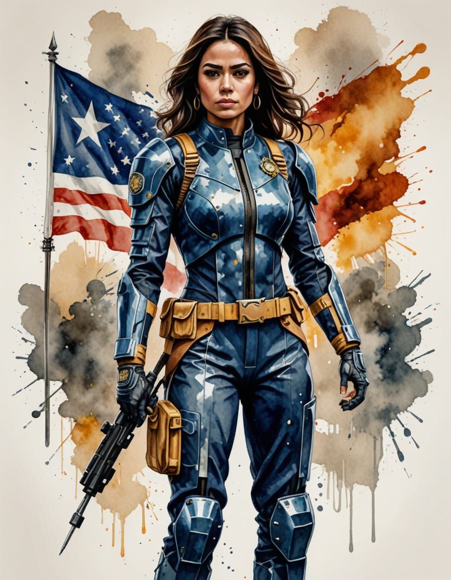 Regal Hispanic Woman in Soldier Suit, Watercolor Style