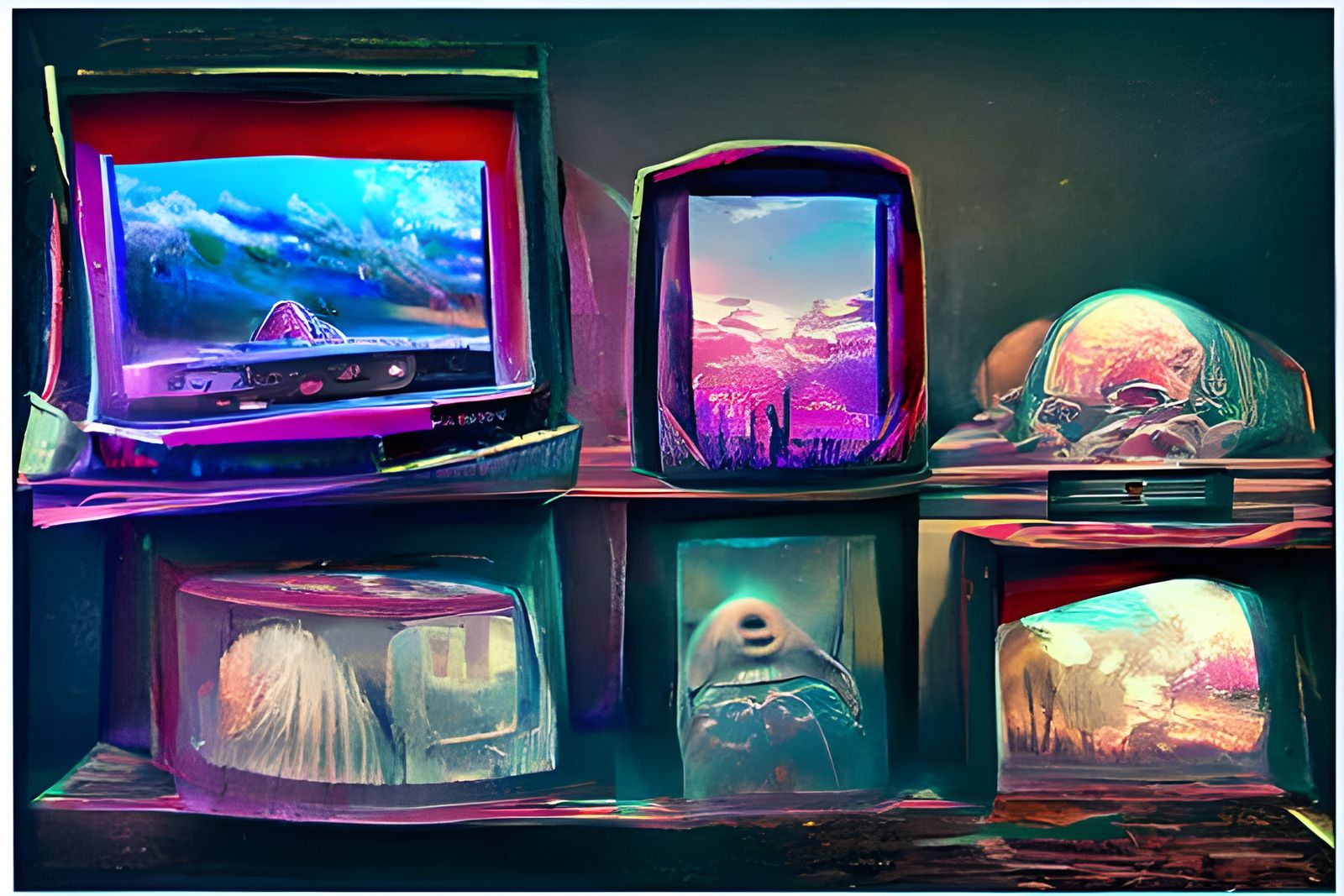 Stacked Retrowave TVs in Hyperrealistic Style