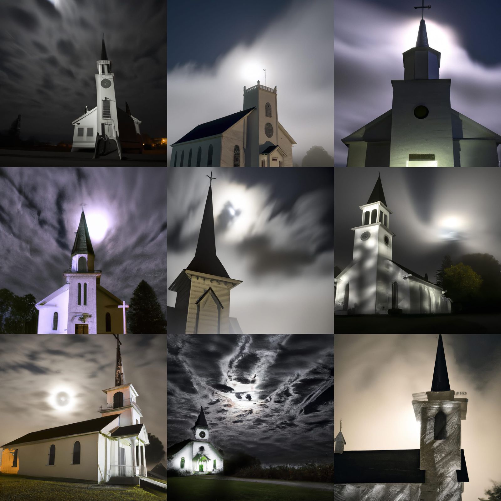 Eerie Moonlit Church in Misty Swamp at Night