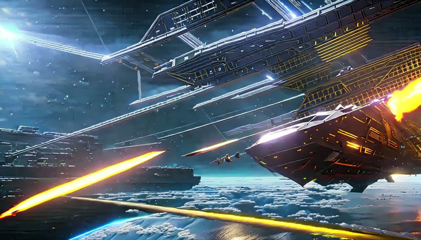 A Titanic Mecha Spaceship flying in space at an extraordinary speed and firing powerful lasers from his mechanic arms in...