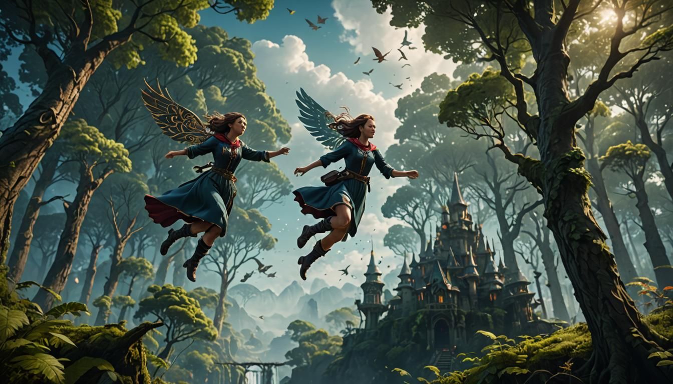 Girl Flying in Sky: Detailed Matte Painting