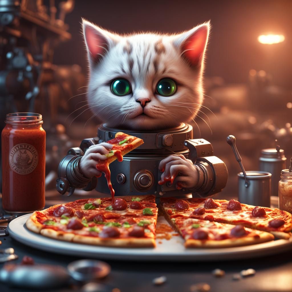 Kitten Builds Robot Cat While Eating Pizza