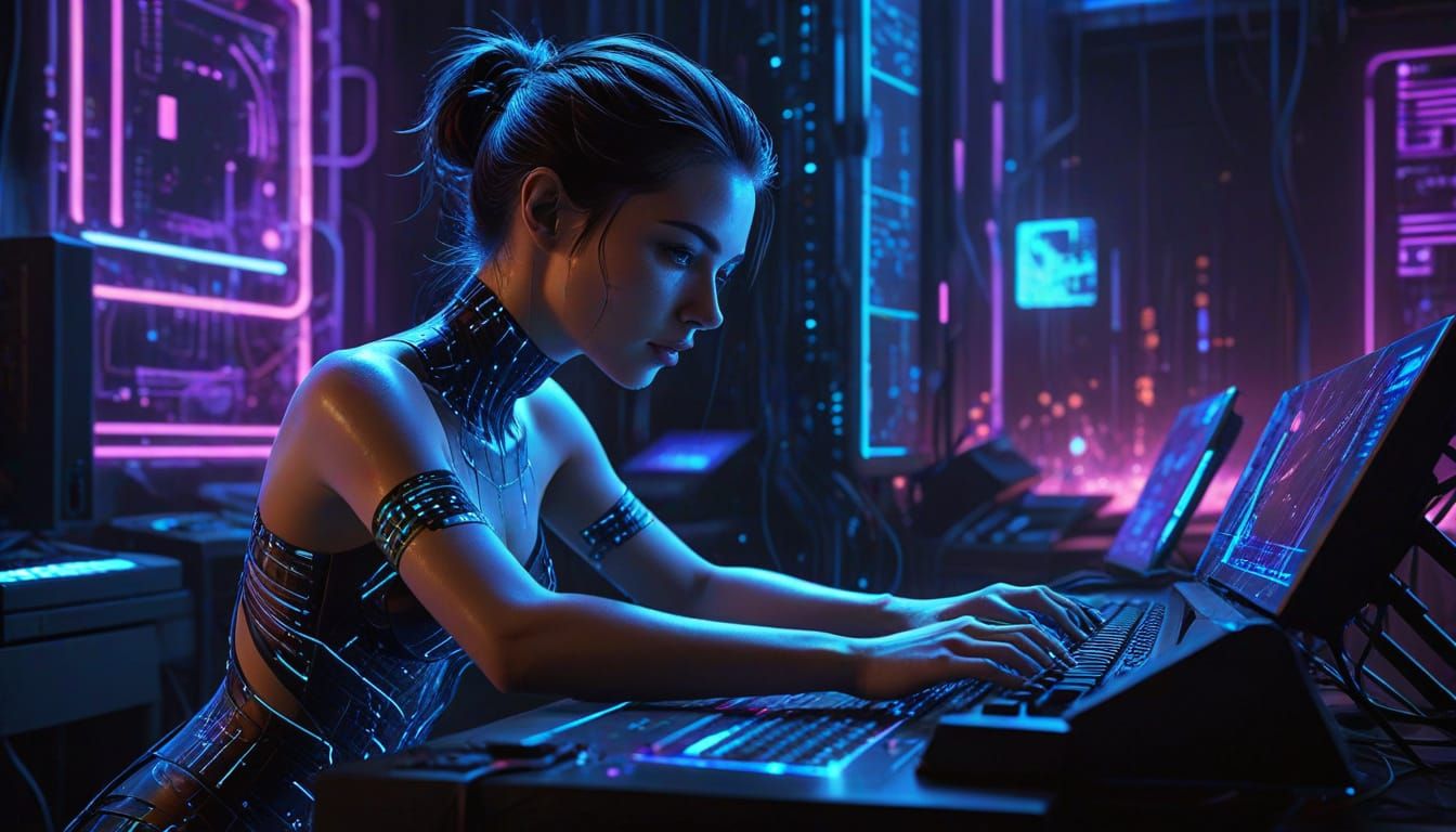 Neon Noir Digital Painting of a Topless Hacker