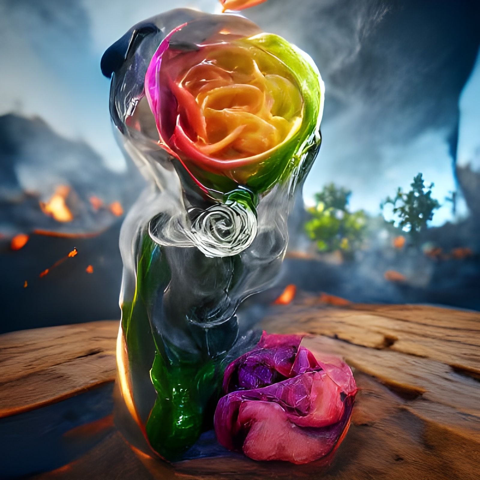 Surreal Rose in Smoke: Hyperrealistic Concept Art