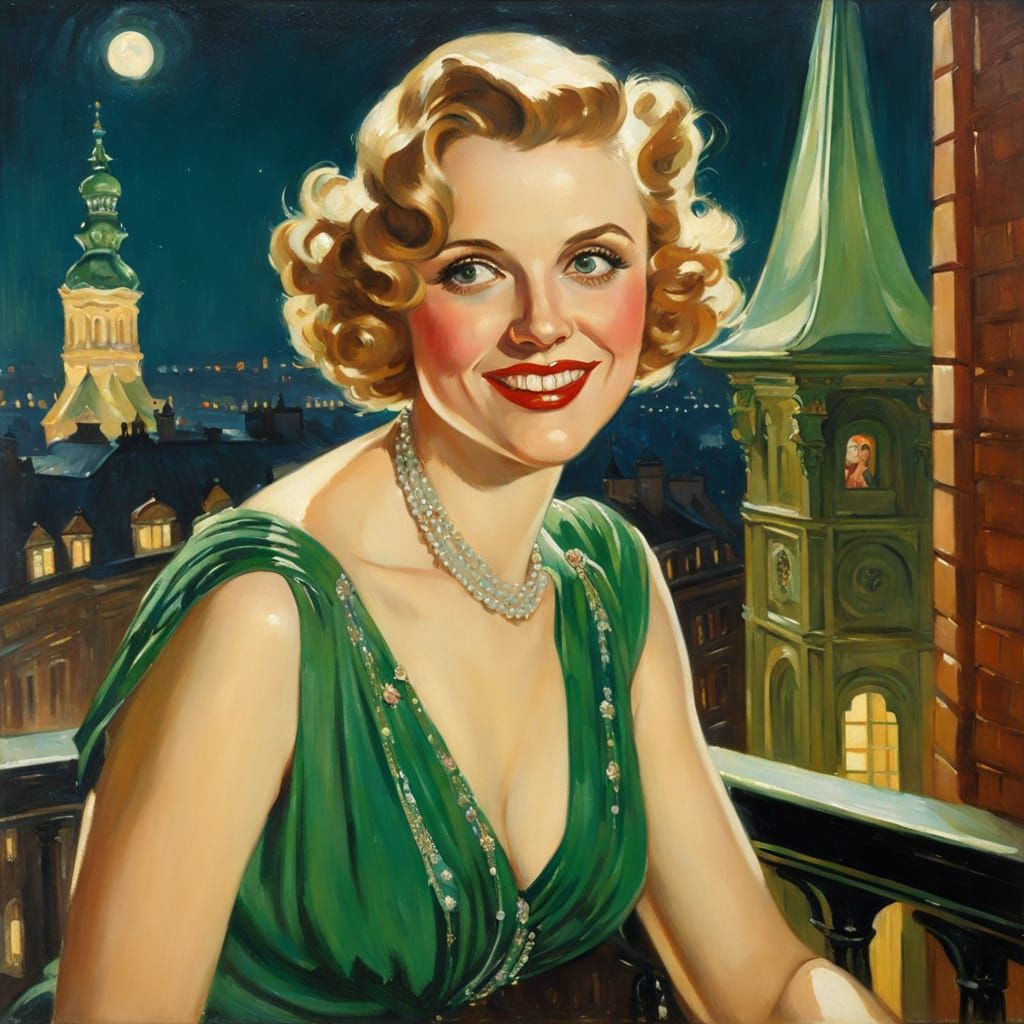 Flapper Overlooking Prague in Impressionistic Oil Portrait