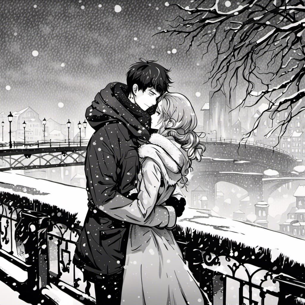 Romantic Russian Couple Embrace in Snowy Winter: Anime Art