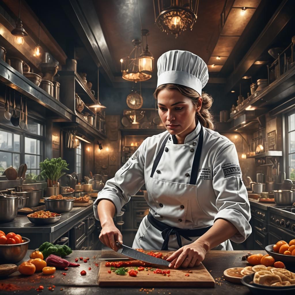 Woman Chef Honing Knife in High-End Kitchen