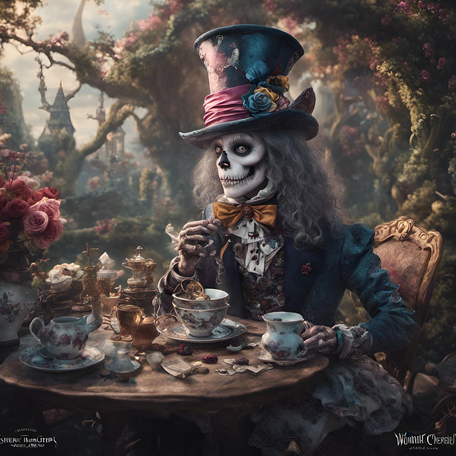 Skeletal Alice's Wonderland Tea Party: Detailed Digital Art