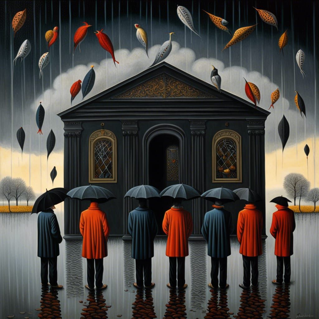 Surreal Gathering with Floating Figures in Dreamscape Style