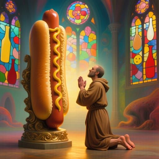 Man Prays to Ornate Hotdog Statue in Ethereal Cathedral
