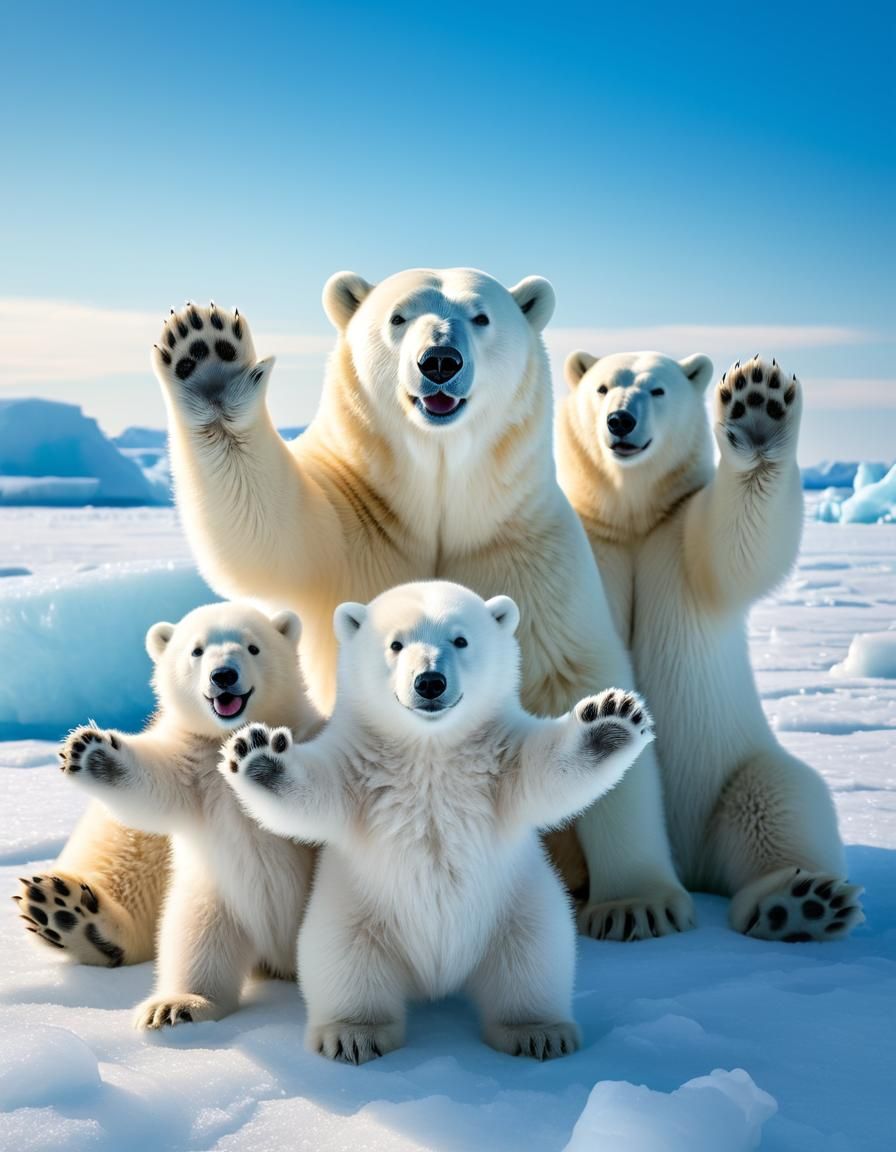 Smiling Polar Bear Family Waving on Ice Caps