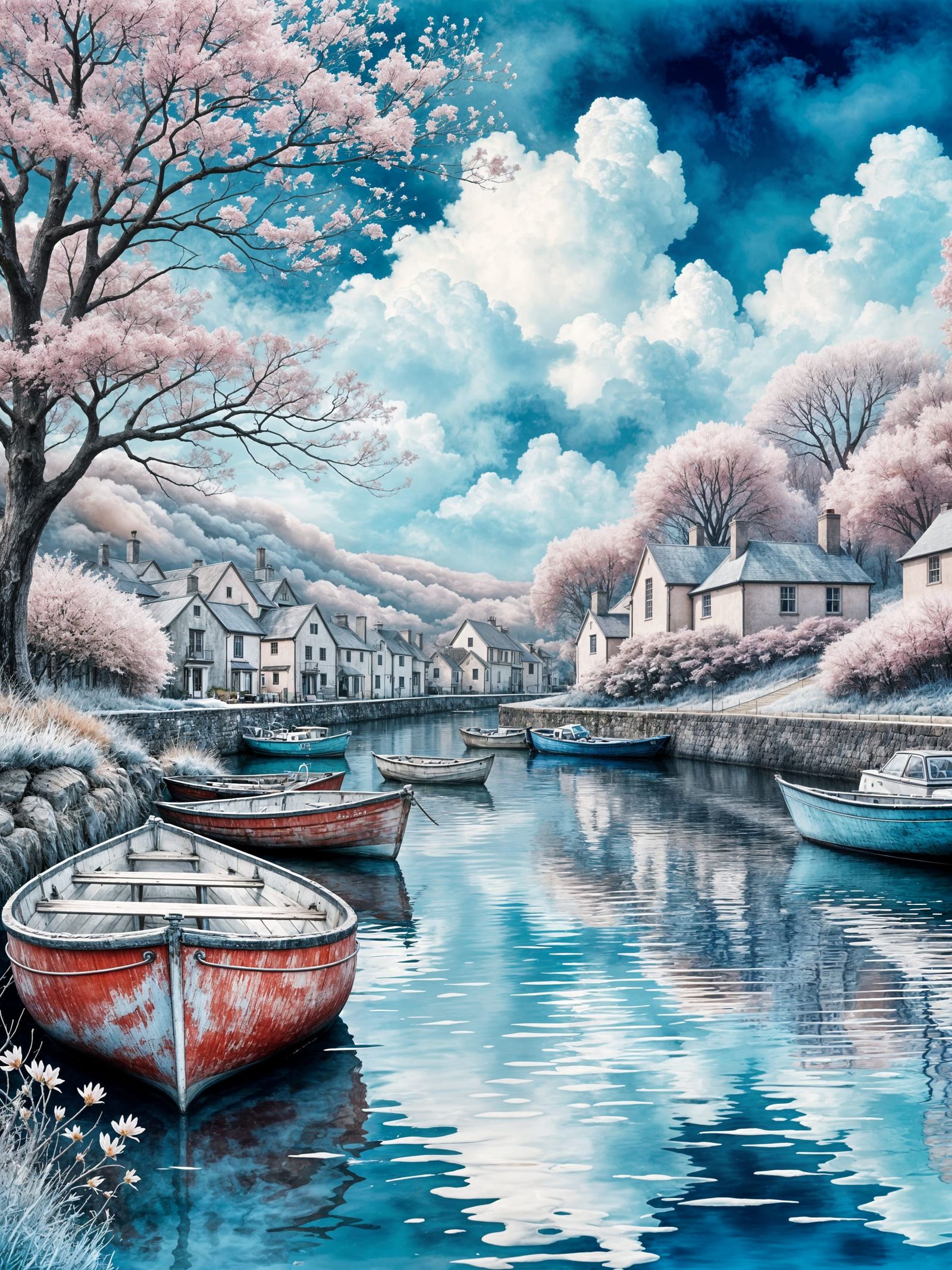 Infrared Summer Storm Over 1890s Harbour