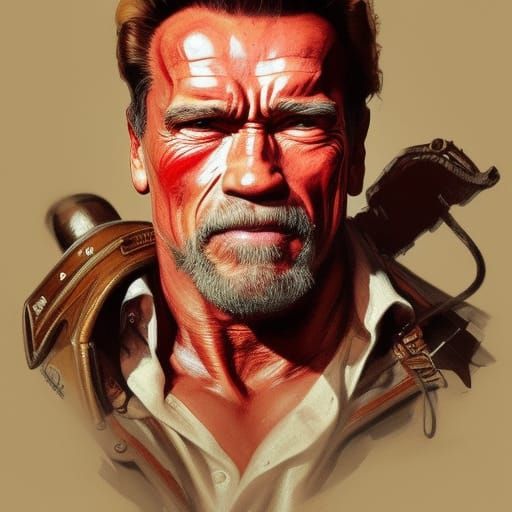 Arnold Schwarzenegger with beard dressed up as a Western bounty hunter
