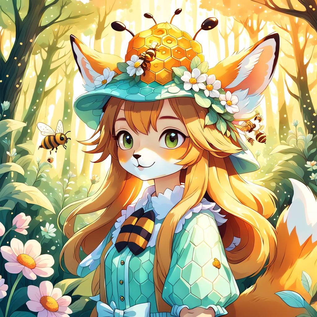 Cute Fox with Bee Wings in Anime Style