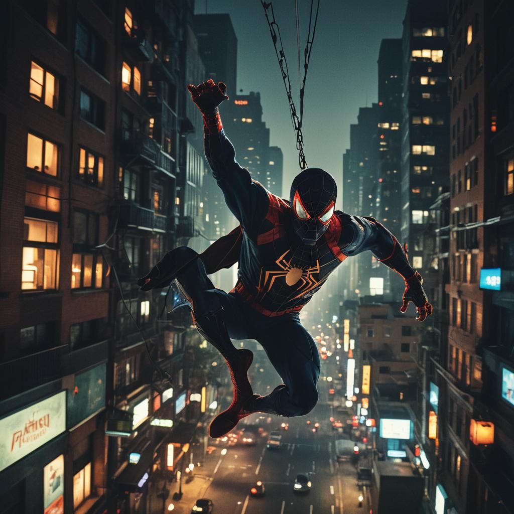 Spiderman Swings Through City at Night: Cinematic Film Still