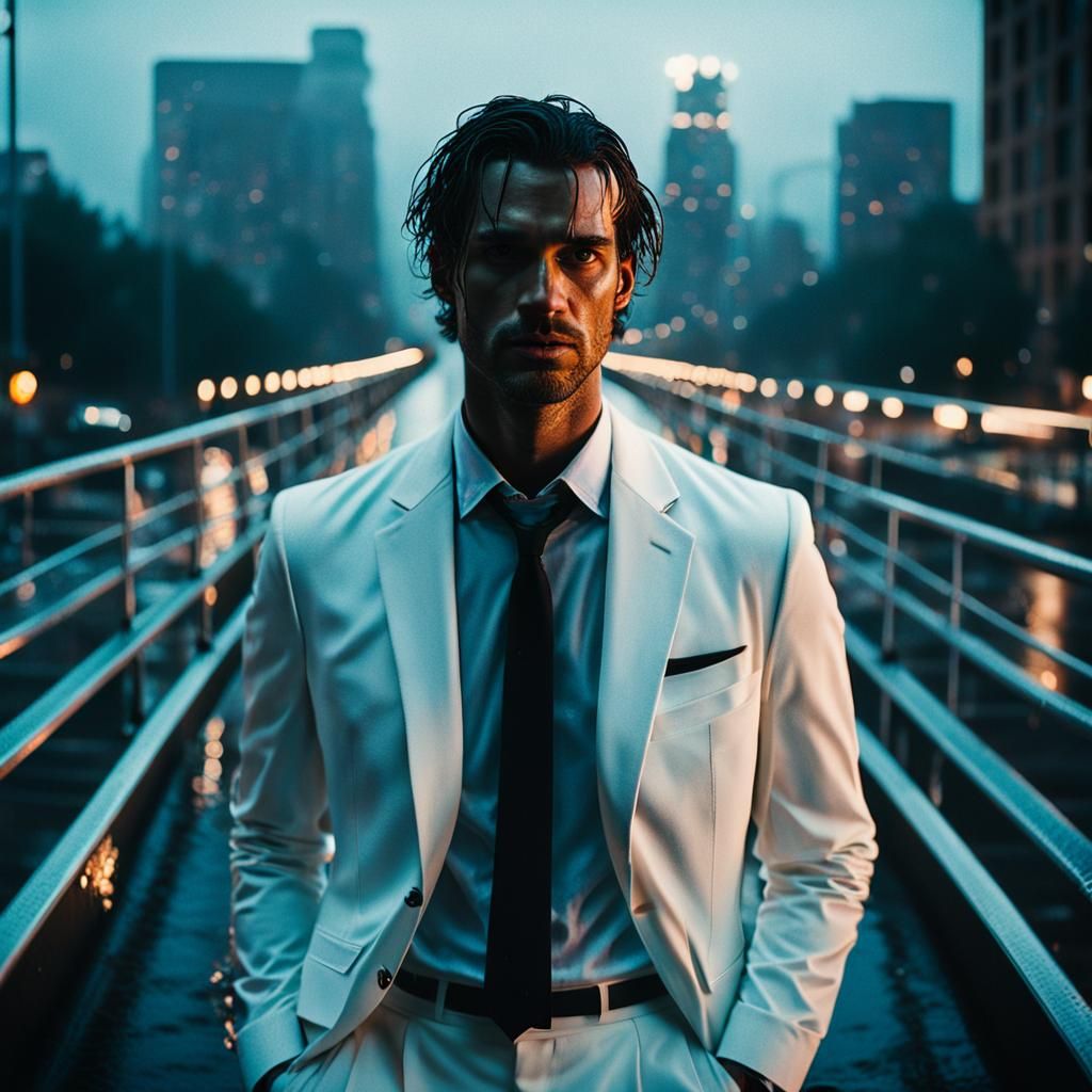Urban Bridge Scene with Man in White Suit