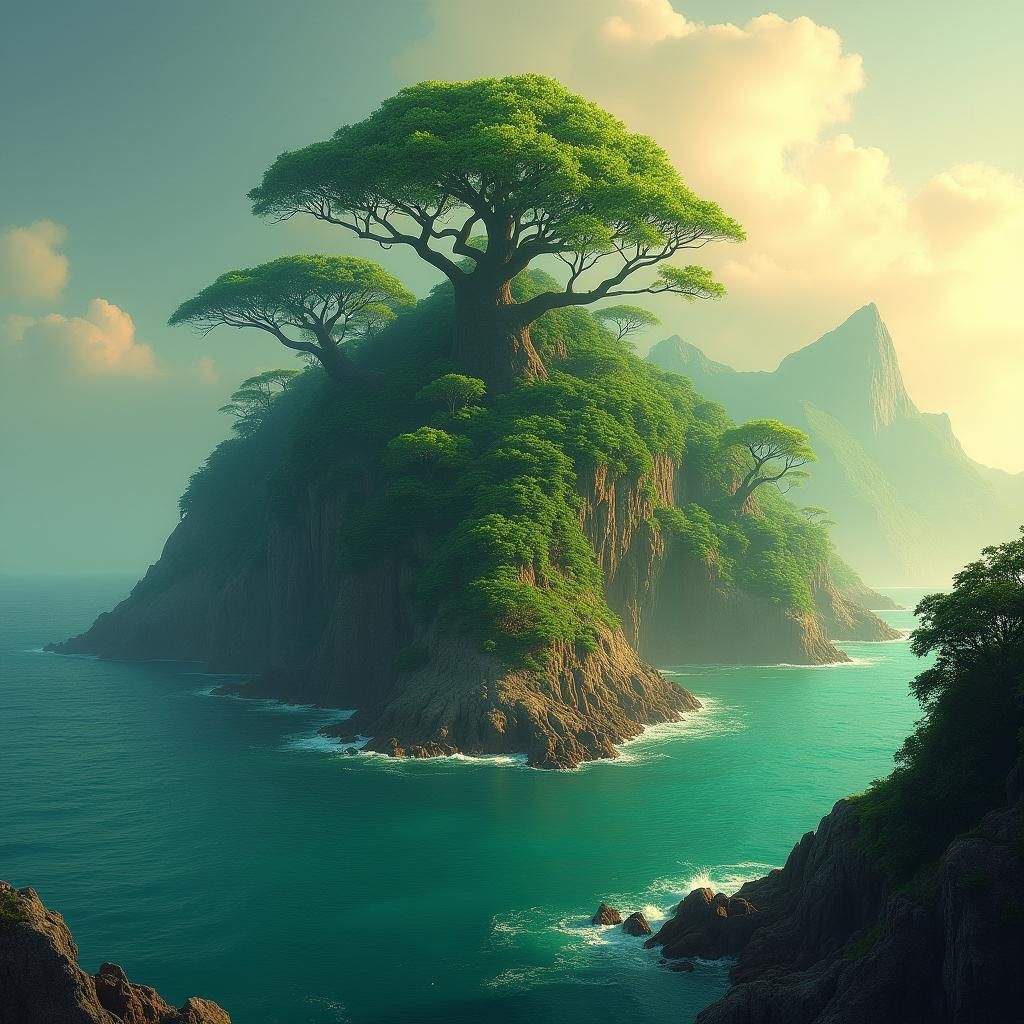 Lush Island with Ancient Forest in Magical Realism Style
