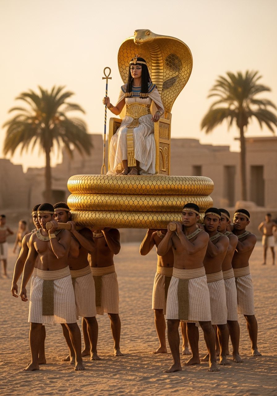 Regal Egyptian Queen on Golden Cobra Throne