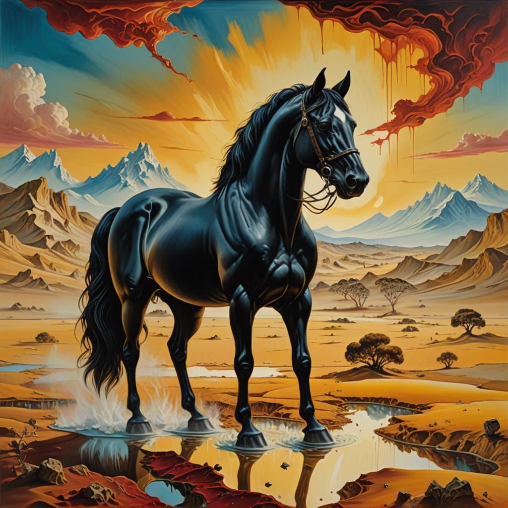 Surreal Oil Painting of a Black Horse with a German Shepherd...