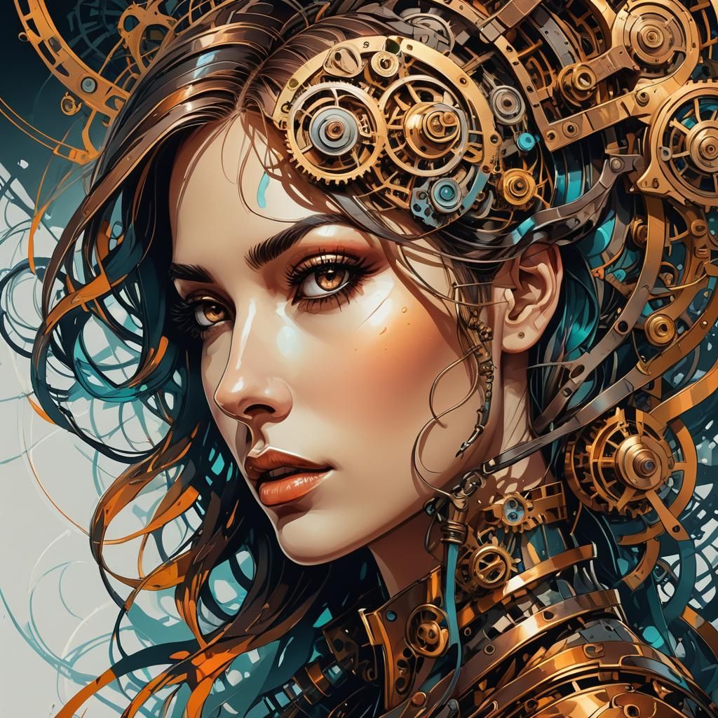 Abstract Woman's Face in Surreal Steampunk Style